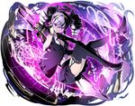  black_legwear black_skirt bracelet breasts cleavage divine_gate drill_hair eyebrows_visible_through_hair full_body groin hair_between_eyes hairband high_heels highres holding holding_weapon jewelry layered_skirt long_hair looking_at_viewer medium_breasts miniskirt navel pleated_skirt purple_eyes shadow silver_hair simple_background skirt solo thighhighs twin_drills twintails ucmm weapon white_background 