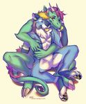  5_fingers anthro digitigrade dragon duo eyes_closed featureless_crotch feline horn inner_ear_fluff lion lukiri male mammal nude simple_background sitting smile white_background yellow_tongue 