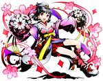  :d divine_gate earrings full_body grey_hair hair_ornament highres holding japanese_clothes jewelry kimono kneehighs looking_at_viewer open_mouth outdoors pink_legwear red_eyes ribbon shadow short_hair simple_background smile solo ucmm white_background white_footwear yellow_ribbon 