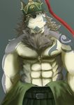  2017 abs anthro biceps canine clothing fur kemokemo kemono male mammal muscular muscular_male pecs tattoo temujin tokyo_afterschool_summoners white_fur wolf 