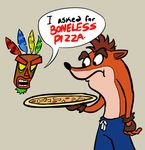  2017 aku-aku anthro bandicoot bone clothing crash_bandicoot crash_bandicoot_(series) dialogue drawstring english_text facial_hair feathers fingerless_gloves food frown gloves goatee humor male mammal marsupial mask meme mohawk pepperoni pizza pun shorts simple_background speech_bubble sweet-tweeties teeth text video_games visual_pun 