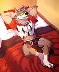  2017 anthro bed canine clothed clothing eyewear fur gothwolf hat hi_res male mammal mascot muscular muscular_male old_spice pillow solo sunglasses underwear wolf wolfthorn_(old_spice) 