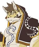  2017 abs anthro clothed clothing clouded_leopard collar eurobeat feline likulau male mammal muscular muscular_male nekojishi pecs simple_background tattoo 