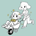  anthro asriel_dreemurr blue_background blush boots boss_monster caprine chara_(undertale) clothing digital_media_(artwork) duo female flower footwear fur goat hair human male mammal open_mouth pants plant semi simple_background smile sweater undertale video_games wheelbarrow young 