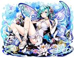  ankle_ribbon blue_eyes blue_hair blue_nails bow breasts butterfly_wings cleavage cleavage_cutout collarbone detached_sleeves divine_gate eyebrows_visible_through_hair flower full_body hair_between_eyes hair_bow hair_flower hair_ornament hair_ribbon highres medium_breasts nail_polish parted_lips pink_bow pink_ribbon ribbon shadow short_hair simple_background sleeveless solo thigh_strap toenail_polish ucmm white_background white_flower white_ribbon wings 