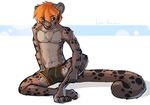  4_toes abs anthro blue_eyes clothed clothing digitigrade feline fur hair leopard magenta7 male mammal orange_hair simple_background smile solo spots spotted_fur toes topless underwear 