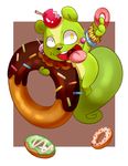  2016 3_fingers anthro apple biped bite_mark black_nose blush brown_background buckteeth candy candy_apple chest_tuft chinese chocolate curled_tail digital_drawing_(artwork) digital_media_(artwork) doughnut featureless_crotch food fruit fur gaping_mouth green_fur green_tail happy_tree_friends holding_food holding_object kemono lollipop long_tail looking_up male mammal mismatched_pupils multicolored_fur nude nutty_(htf) open_mouth open_smile pink_tongue rodent simple_background smile solo sprinkles squirrel suspended_in_midair tan_fur teeth tongue tuft two_tone_fur uvula white_background 迷途貓 