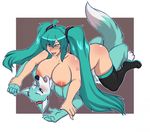  2017 anthro areola big_areola big_breasts blue_eyes blush breasts canine clothing cum duo female female_on_top fox green_hair hair hatsune_miku human interspecies lavenderpandy legwear long_hair looking_pleasured lying male male/female mammal markings on_back on_top one_eye_closed open_mouth orgasm pinned pinned_arms roflfox sex tattoo tongue vaginal vocaloid wink 