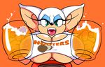  2017 alcohol anthro bat beer beverage big_breasts breasts clothing eyelashes eyeshadow fangs female front_view green_eyes hi_res holding_glass holding_object hooters looking_at_viewer makeup mammal open_mouth orange_background rouge_the_bat simple_background solo sonic_(series) teeth tight_clothing watatanza watatanza_(pixiv) 