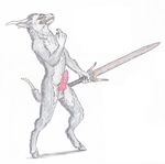  barbed_penis demon fur grey_fur hooves horn male melee_weapon orange_eyes penis skyfifer sword weapon yellow_sclera 