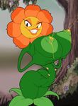  2017 absurd_res ber00 breasts butt cagney_carnation cuphead_(game) female flora_fauna flower grass grin hi_res lactating navel nipples not_furry nude outside plant projectile_lactation smile solo spikes tree 