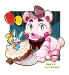  2017 3_toes 5_fingers :3 alternate_form animatronic anthro balloon bear bent_over biped birthday birthday_cake black_nose blue_background blush bow_tie cake candle cheek_tuft chibi chinese confetti digital_drawing_(artwork) digital_media_(artwork) dire english_text five_nights_at_freddy&#039;s five_nights_at_freddy&#039;s_2 food funtime_freddy_(fnafsl) fur hat hi_res holding_food holding_object kemono lagomorph leaning leaning_forward lighting looking_at_viewer machine male mammal outline pink_body rabbit robot shadow short_tail simple_background sister_location smile text toes toy_bonnie_(fnaf) tuft video_games white_background white_fur white_tail 迷途貓 
