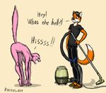  2013 anthro canine cat clothed clothing dialogue english_text feline female fox fully_clothed hi_res hissing humor kostos_art male mammal nude signature text 