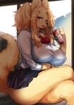  2017 anthro beverage big_breasts black_nose blonde_hair breasts canine clothing crossed_legs female fur hair hairclip holding_object kemono ksyaro looking_at_viewer looking_down mammal open_mouth red_eyes ribbons school_uniform signature sitting skirt solo uniform yellow_fur 