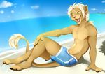  4_fingers 4_toes barefoot beach black_lips blone_hair clothed clothing digitigrade feline lion lycangel mammal navel open_mouth sand seaside sitting smile teeth toes tongue topless water yellow_eytes 