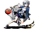  bandages basketball blue_eyes blue_jacket blue_shorts blue_skirt collarbone divine_gate dress_shirt eyebrows_visible_through_hair full_body grey_shirt hair_between_eyes highres jacket jewelry looking_at_viewer miniskirt necklace open_clothes open_jacket pleated_skirt shadow shirt short_hair short_shorts shorts shorts_under_skirt silver_hair simple_background skirt solo ucmm white_background wrist_cuffs 