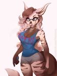  2017 anthro blue_eyes canine clothed clothing ear_piercing eyewear female glasses looking_at_viewer mammal piercing pink_nose simple_background smile solo vexstacy white_background wide_hips 