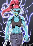  2017 abs anger_vein animal_humanoid biceps biped black_background black_clothing black_topwear blue_skin breasts clothing collarbone digital_drawing_(artwork) digital_media_(artwork) ear_frills evil_grin female fish fish_humanoid frill front_view glowing grey_bottomwear grey_clothing hair holding_object holding_weapon humanoid japanese jeans looking_at_viewer marine melee_weapon midriff muscular muscular_female navel nogi outline pants polearm ponytail portrait red_hair shirt signature simple_background slit_pupils small_breasts small_waist smile solo spear standing tank_top thigh_gap three-quarter_portrait torn_clothing torn_shirt torn_topwear undertale undyne video_games voluptuous weapon yellow_sclera 
