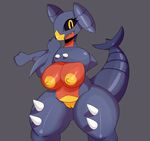  2017 anthro areola big_breasts black_sclera blue_body breasts eyelashes female fist garchomp grey_background looking_at_viewer nintendo nipples nude pok&eacute;mon pussy red_body simple_background slightly_chubby smile solo somescrub spikes standing stretching thick_thighs video_games wide_hips yellow_body yellow_eyes yellow_nipples 