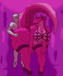  2017 big_breasts big_butt breasts butt claws clothing fangs female footwear half-closed_eyes hand_on_butt hands_on_knees high_heels horn huge_breasts huge_butt human interstellar_demon_stripper legwear looking_back male mammal pinned_to_wall raised_tail reptile rick_and_morty scalie shoes signirsol spikes stockings sweat teeth thick_thighs tongue tongue_out 