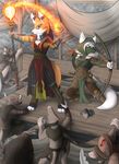  4_fingers anthro arrow bow canine clothed clothing detailed_background digital_media_(artwork) fox fur group hair hammer holding_object holding_weapon infinitedge2u mammal orange_fur rat red_eyes rodent skaven staff tools warhammer_fantasy weapon white_fur white_hair wolf 