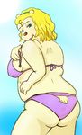  2017 4_fingers ambiguous_species anthro bare_shoulder bedroom_eyes belly big_breasts bikini biped blue_background blue_eyes breasts brown_nose butt clothed clothing digital_drawing_(artwork) digital_media_(artwork) dr_satis eyelashes female fluffy fluffy_tail furgonomics hair hairband half-closed_eyes hi_res humanoid_hands invalid_color japanese kemono leaning leaning_forward looking_at_viewer looking_back mammal mature_female nipple_bulge open_mouth open_smile overweight overweight_female pinup portrait pose purple_bottomwear purple_clothing purple_topwear rear_view seductive short_hair short_tail side_boob simple_background skimpy smile solo standing swimsuit tail_button_bottoms tail_clothing teasing thick_thighs three-quarter_portrait undressing white_body white_tail 