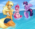  2017 ambris anthro anthrofied applejack_(mlp) beach bikini blonde_hair blue_eyes breasts clothing cutie_mark cutoffs denim_shorts earth_pony equine feathered_wings feathers female freckles friendship_is_magic green_eyes group hair hi_res horn horse long_hair looking_at_viewer mammal multicolored_hair multicolored_tail my_little_pony one-piece_swimsuit open_mouth open_smile outside partially_submerged pink_hair pinkie_pie_(mlp) pony purple_eyes purple_feathers seaside shorts smile swimsuit twilight_sparkle_(mlp) water winged_unicorn wings 