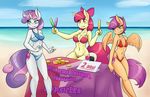  2017 aged_up amber_eyes ambris anthro anthrofied apple_bloom_(mlp) beach bikini clothing cutie_mark earth_pony english_text equine eyelashes feathered_wings feathers female food friendship_is_magic green_eyes group hair hi_res horn horse mammal multicolored_hair multicolored_tail my_little_pony navel orange_feathers outside pegasus pony popsicle purple_eyes purple_hair red_hair scootaloo_(mlp) seaside smile sweetie_belle_(mlp) swimsuit text two_tone_hair unicorn wings 