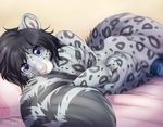  2016 anthro bed biped black_hair blue_eyes clothing cute depth_of_field digital_media_(artwork) feline fluffy fluffy_tail fur girly grey_fur grey_spots grey_tail hair hi_res huge_tail legwear leopard leopard_spots long_tail looking_at_viewer lying male mammal mostly_nude multicolored_fur multicolored_tail on_bed on_front pillow pink_nose short_hair signature simple_background snow_leopard solo spots spotted_fur stockings taiga_winters tail_hug tan_background tartii two_tone_fur two_tone_tail watermark 