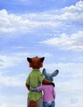  2017 anthro arm_around_shoulders biped black_fur black_nose blue_bottomwear blue_clothing canine clothed clothing cloud cloudscape dipstick_ears disney embrace fluffy fluffy_tail fox fur furgonomics green_clothing green_topwear grey_fur half-length_portrait jeans judy_hopps lagomorph long_tail looking_up mammal multicolored_fur nick_wilde painting_(artwork) pants pink_clothing pink_topwear portrait predator/prey rabbit rear_view red_fur red_tail romantic_couple ryngsraccoon shirt short_tail shorts sky standing tail_button_bottoms tail_clothing tan_bottomwear tan_clothing traditional_media_(artwork) two_tone_fur watermark white_tail zootopia 