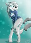  angry anthro black_nose blue_eyes blush bottomless canine chest_tuft clenched_teeth clothed clothing detailed_background digital_media_(artwork) female fur grey_hair hair infinitedge2u jewelry mammal necklace solo sweater teeth tuft wolf 
