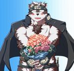 2017 4_fingers anthro arm_tuft armor barazoku belt biped black_clothing black_nose blue_background blush body_hair bouquet canine cheek_tuft chest_hair clothing countershade_face countershade_torso countershading digital_drawing_(artwork) digital_media_(artwork) eyes_closed flower foreshortening front_view fur gauntlets gloves gradient_background grey_fur half-length_portrait head_tuft headband holding_flower holding_object horkeukamui humanoid_hands jacket japanese kemono male mammal melee_weapon multicolored_fur muscular muscular_male offering_to_viewer open_jacket open_mouth open_smile pattern_background plant portrait scabbard simple_background smile solo standing striped_background sword tokyo_afterschool_summoners tuft two_tone_fur weapon white_background white_countershading white_fur wolf きりー 