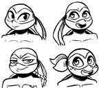  2017 anthro bandanna black_and_white bust_portrait chipped_shell crossgender donatello_(tmnt) female freckles group inkyfrog leonardo_(tmnt) looking_at_viewer mask michelangelo_(tmnt) monochrome open_mouth open_smile portrait raphael_(tmnt) reptile scalie shell simple_background smile teenage_mutant_ninja_turtles turtle white_background 