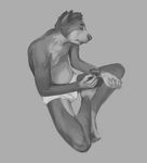  2013 5_fingers anthro biped briefs bulge cat clothed clothing crossed_legs digital_media_(artwork) digital_painting_(artwork) eyes_closed feet feline frown full-length_portrait grey_background greyscale high-angle_view holding_object humanoid_feet humanoid_hands keith_haring leaning leaning_forward male mammal monochrome nude portrait rampack simple_background sitting slim solo tattoo tattooing tighty_whities topless underwear 