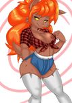  abstract_background anthro blue_eyes breasts brown_fur canine chest_tuft cleavage clothed clothing eyelashes female flannel fur ghoul_school hair khit-sama legwear mammal nipples one_breast_out orange_hair scooby-doo_(series) solo thigh_highs tuft were werewolf winnie_werewolf yellow_sclera 