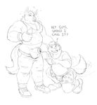  animal_genitalia anthro balls canine clothed clothing drunk duo english_text fluffysnowmeow greyscale hand_on_head male mammal monochrome musclegut muscular muscular_male nipple_bulge pants_down partially_clothed sheath text 