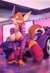  anthro breasts canine car clothed clothing einshelm female fox kneeling legwear makeup mammal mascara nipples open_mouth pussy solo stockings vehicle wide_hips 