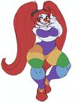  antlerzero big_breasts big_thighs breast_squish breasts clothing clown female footwear hair high_heels humanoid legwear leotard makeup mcnasty monster not_furry open_mouth pigtails rainbow red_hair shoes stockings teeth tights 