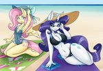  2017 ambris anthro anthrofied beach bikini blue_eyes breasts cleavage clothed clothing cutie_mark duo equine eyelashes feathered_wings feathers female fluttershy_(mlp) friendship_is_magic hair hat hi_res horn long_hair looking_at_viewer mammal my_little_pony navel outside pegasus pink_hair purple_hair rarity_(mlp) seaside smile swimsuit teal_eyes unicorn wings yellow_feathers 