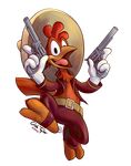  2012 2_toes 4_fingers absurd_res alpha_channel avian beak belt bird chicken clothed clothing digital_drawing_(artwork) digital_media_(artwork) disney dual_wielding feathers gun handgun hat hi_res holding_object holding_weapon kingdomblade looking_at_viewer open_jacket open_mouth open_smile orange_feathers panchito_pistoles pants pistol ranged_weapon signature simple_background smile solo sombrero the_three_caballeros toes transparent_background weapon white_gloves yellow_beak 