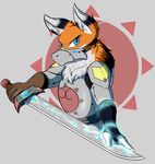  5_fingers armor blue_eyes canine clothed clothing digital_media_(artwork) fox fur holding_object holding_weapon infinitedge2u looking_at_viewer mammal melee_weapon orange_fur runes sword weapon 