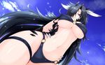  animal_ears black_hair breasts commentary_request contrapposto covered_nipples day dragon_ears dragon_girl dragon_tail facial_mark from_below g_(desukingu) hair_over_one_eye highres horns large_breasts long_hair mira_(g_desukingu) navel o-ring o-ring_bikini original outdoors parted_lips red_eyes scales sky standing tail thigh_strap underboob very_long_hair water_drop 