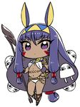  &lt;o&gt;_&lt;o&gt; animal_ears bangs bra chan_co chibi detached_collar earrings egyptian eyebrows_visible_through_hair facial_mark fate/grand_order fate_(series) hair_between_eyes hairband hand_on_hip holding holding_staff hoop_earrings jackal_ears jewelry long_hair looking_at_viewer low-tied_long_hair medjed nitocris_(fate/grand_order) panties purple_eyes purple_hair sandals staff standing standing_on_one_leg underwear very_long_hair white_bra white_panties 