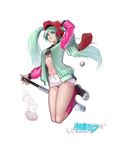  absurdres baseball baseball_bat baseball_mitt blue_eyes blue_hair breasts cleavage eyebrows_visible_through_hair full_body hatsune_miku highres kneehighs large_breasts long_hair looking_at_viewer navel parted_lips pink_legwear solo twintails underboob uronte vocaloid 