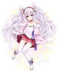  animal_ears azur_lane breasts cleavage collarbone expressionless fake_animal_ears floral_background fummy headband jacket laffey_(azur_lane) lavender_hair long_hair looking_at_viewer panties pantyshot petals red_eyes shirt small_breasts solo striped striped_panties thighhighs twintails underwear white_legwear 