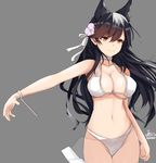  animal_ears arm_at_side atago_(azur_lane) azur_lane bangs bare_shoulders black_hair breasts choker cleavage cowboy_shot extra_ears eyebrows_visible_through_hair flower grey_background hair_flower hair_ornament large_breasts legs_together long_hair looking_away mole mole_under_eye navel outstretched_arm ribbon sarong signature solo standing suzume_(simple0091) swimsuit thigh_gap white_swimsuit wrist_ribbon yellow_eyes 