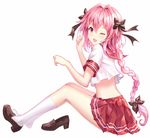  ;d aaeru astolfo_(fate) bangs black_bow black_ribbon blush bow braid brown_footwear commentary_request eyebrows_visible_through_hair fang fate/apocrypha fate/grand_order fate_(series) from_side full_body hair_between_eyes hair_bow hair_intakes hair_ribbon hands_up high_heels highres loafers long_hair looking_at_viewer looking_to_the_side male_focus midriff miniskirt one_eye_closed open_mouth otoko_no_ko paw_pose pink_hair pleated_skirt purple_eyes red_sailor_collar red_skirt ribbon sailor_collar school_uniform serafuku shiny shiny_hair shoe_removed shoes short_sleeves simple_background single_braid single_shoe skirt smile solo very_long_hair white_background white_legwear 
