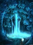  aqua artist_name contrast czy_(2894456992) dark dress fantasy forest glowing light_particles long_hair nature original path road scenery silhouette solo 