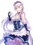  arpeggio_kaga azur_lane bangs belfast_(azur_lane) blue_eyes breasts chain cleavage collar collarbone commentary_request eyebrows_visible_through_hair gloves highres large_breasts long_hair looking_at_viewer maid maid_headdress silver_hair skirt skirt_lift smile solo white_background 