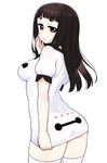  ass baymax baymax_(cosplay) big_hero_6 black_hair bodycon breasts chan_co cosplay cowboy_shot large_breasts long_hair looking_at_viewer personification purple_eyes short_sleeves simple_background solo thighhighs white_background white_legwear zettai_ryouiki 